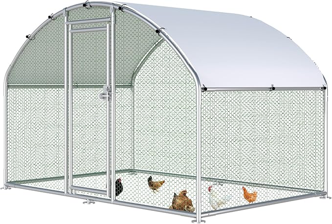 HITTITE Large Metal Chicken Coop with Run, 9.84 x 6.4 x 6.23 ft Walk in Poultry Cage Chicken Run Pen, Dome Roof Outdoor Chicken Runs for Yard with Waterproof & Anti-UV Cover