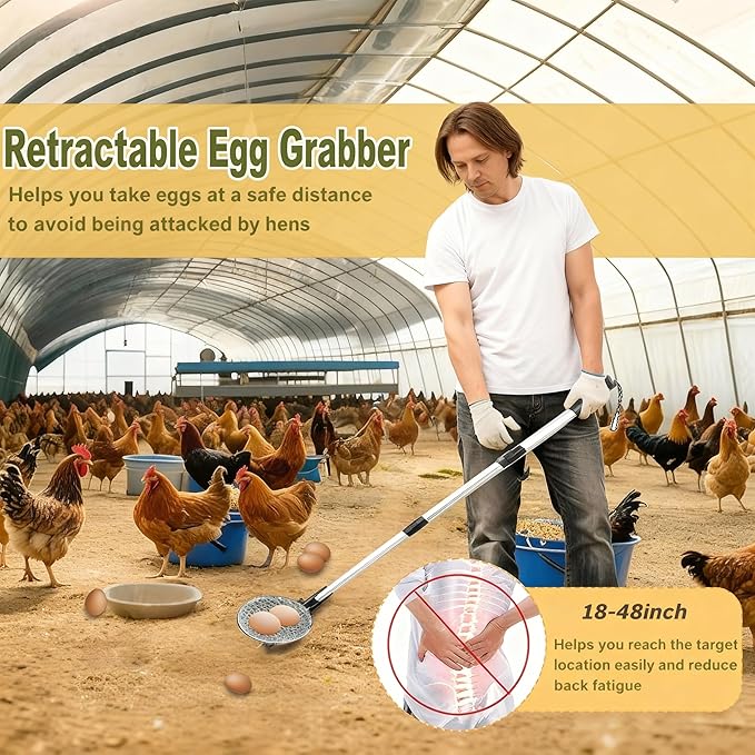 2Pcs Egg Grabber for Chicken Eggs - Extendable Stainless Steel Egg Picker Tool with Non-Slip Handle, Long Reach Egg Lifter for Collecting Fresh Eggs from Coop, Poultry Nest, and Farm Use(2, Black)