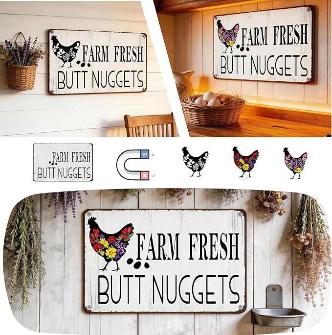 Funny DIY Magnetic Attraction Design,Vintage Chicken Decor Metal Sign, Funny Farmhouse Kitchen Wall Art, Unique Home Decor Gifts for Women, Farmhouse Style Enthusiasts, Retro Chicken Coop Accessories,8*12 Inch (Medium Grey)