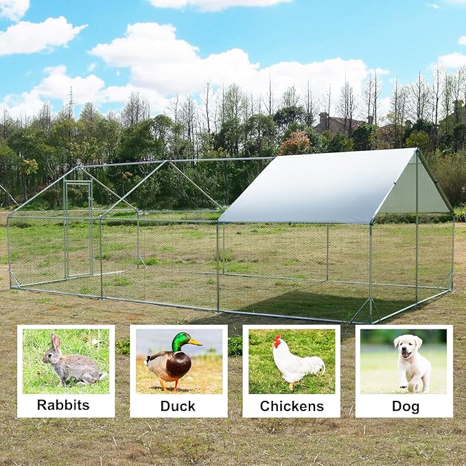 Large Metal Chicken Coop Walk-in Poultry Cage Hen Run House Habitat Spire Shaped Cage with Waterproof and Anti-Ultraviolet Cover for Outdoor Backyard Farm Use (19.68’ L×9.84’ W)