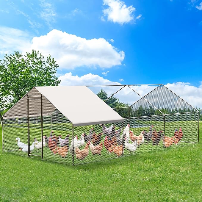19.7 Ft Large Chicken Runs for Yard with Cover, Large Metal Chicken Coop, Spire Roof Metal Chicken Coop with Lock for Outdoor, Backyard, Farm, Duck, Rabbit