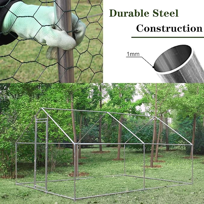 IchbinGo Large Metal Chicken Coop with Waterproof Cover, Walk-in Metal Poultry Cage Spire Shaped Chicken Coop Run, Chicken Run with Anti-UV Cover for Outdoor Backyard Farm (10' L x 13 W x 6.56' H)
