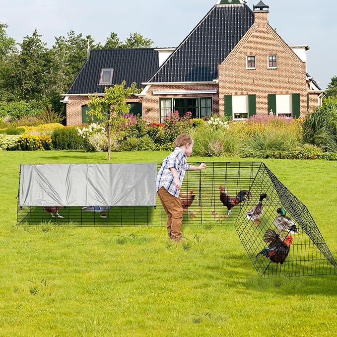 Metal Chicken Tunnel Kit with Corner Frame, 100x71x6 Panels Poultry Run Enclosure with Waterproof Cover, 13 Ground Stakes & 40 Zip Ties for Chickens, Ducks, Rabbits