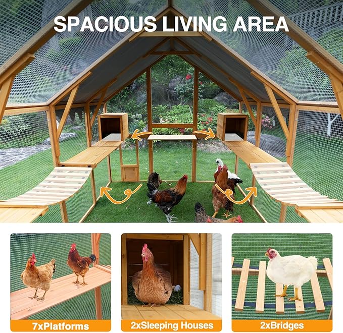 KEIKI 110"L Outdoor Large Chicken Coop with Waterproof Cover, Roosting Platform, Wire Mesh & 2 Lift Small Doors with Locks, Wood Chicken Coop House with Run for Cat Kitten Playpen, Duck, Rabbit, Quail