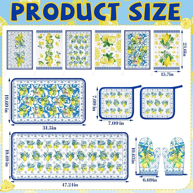 10 Pcs Kitchen Dish Towels Rugs Oven Mitts and Pot Holders Kit Farmhouse Kitchen Decor Set Gloves Vintage Potholders for Baking Cooking Chef(Blue, White, Lemon)