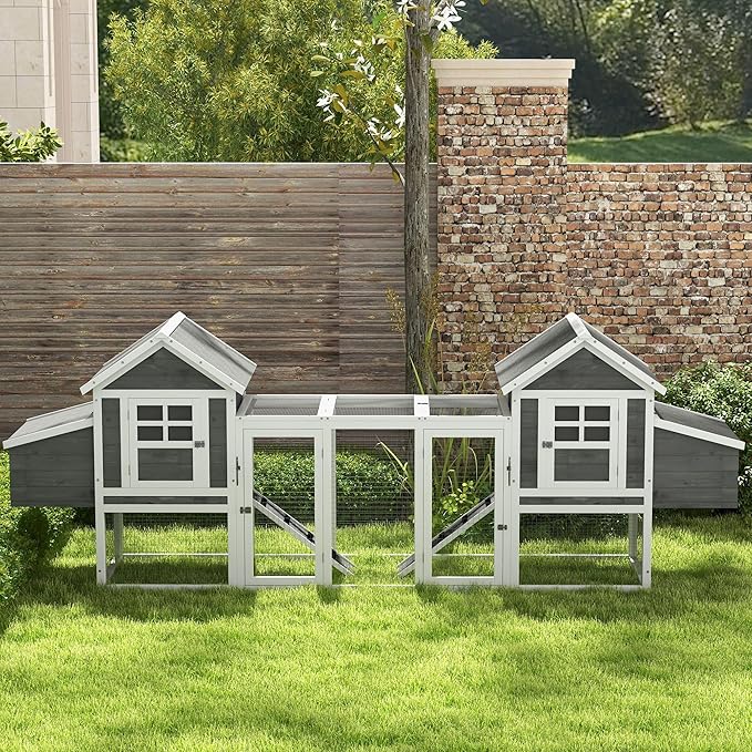 PawHut Dual Wooden Chicken Coop with Garden Bed, Large Outdoor Hen House with Nesting Boxes Removable Trays, Ramps Run, for Garden Backyard, 123" x 27.5" x 42.5", Dark Gray