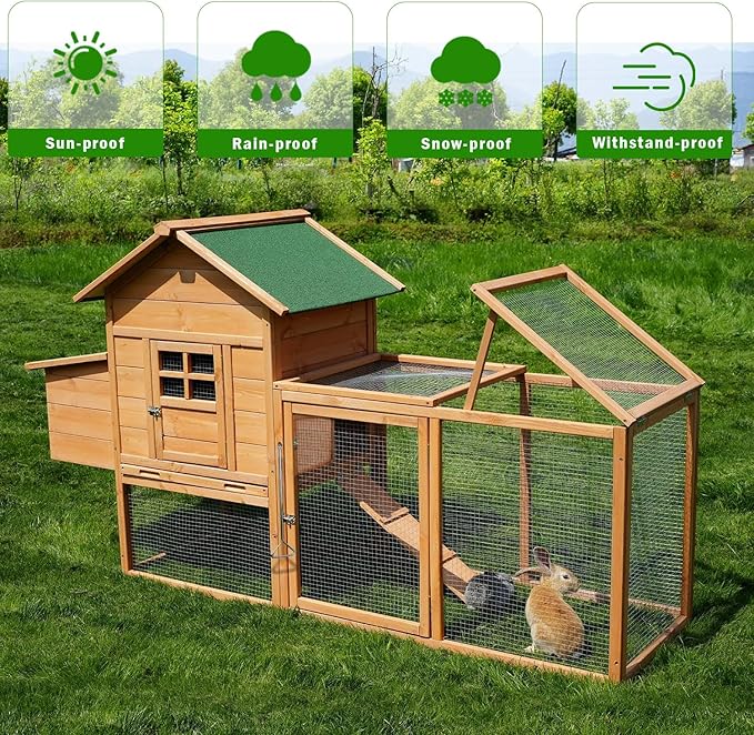 80" Large Chicken Coop, Waterproof Outdoor Hen House for 2-4 Chickens, Wooden Chicken House with Nesting Box, Removable Tray, PVC Cover, Run, for Garden Backyard Cage