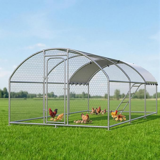 Large Metal Chicken Coop with Roosting Perch Walk-in Poultry Cage Chicken Run House Chicken Pen Dome Shaped Coop with Waterproof Cover for Outdoor Backyard Farm Use (10' L x 19.7' W x 6.4' H)