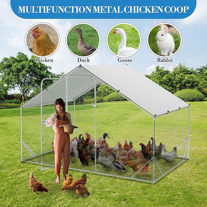 Large Metal Chicken Coop, 9.8'L x 6.5'W x 6.5'H Walk-in Poultry Cage, Chicken Run Pen House with Waterproof & Anti-Ultraviolet Cover Chicken Coop Run for Outdoor Backyard Farm
