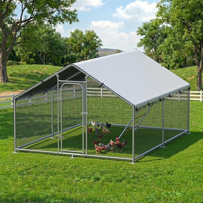 Large Metal Chicken Coop Run with Roosting Perch, Outdoor Poultry Cage with Heavy Duty Wire Mesh and UV-Resistant Cover for Chickens Use, Spire Roof (8.9'W x11.8'L x 6.6'H)