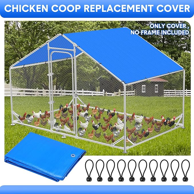 Nuanchu Chicken Coop Cover Waterproof and UV, 11.3 * 6.3 FT Chicken Run Cover for Winter with 18 Ball Bungees Cords Coop Tarp Shade Cloth for Large Coop Walk in Run Pen(Blue)