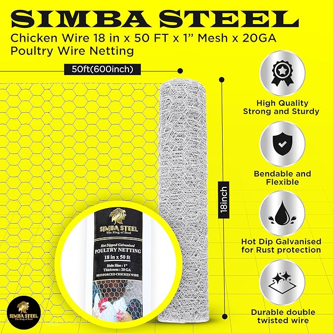 Chicken Wire 18 in x 50 FT x 1” Mesh x 20GA | Poultry Wire Netting | Hot Dipped Galvanised | Hexagonal Galvanized Mesh for Chicken Coop, Rabbit Cage Fence(PM 18 x 50)