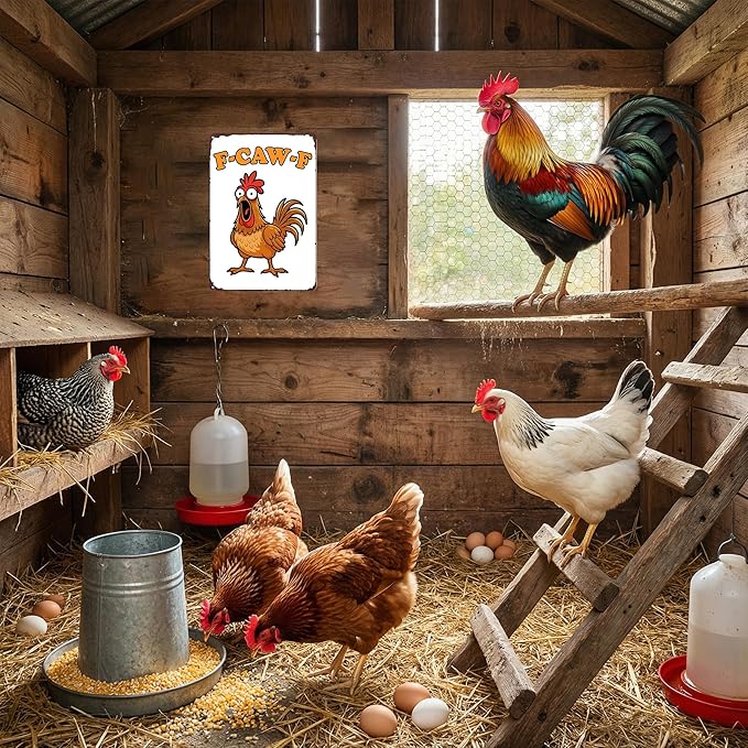 Funnysign Chicken Gifts Vintage Chicken F-CAW-F Tin Sign for Chicken-Coop Farm Kitchen Garden Yard Decor 8x12 inch (3918)
