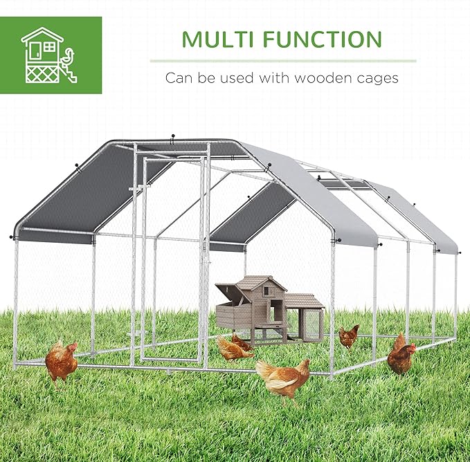 PawHut Large Chicken Coop Metal Chicken Run with Waterproof and Anti-UV Cover, Flat Shaped Walk-in Fence Cage Hen House for Outdoor and Yard Farm Use, 1.3" Tube Diameter, 9' x 24' x 6.5'
