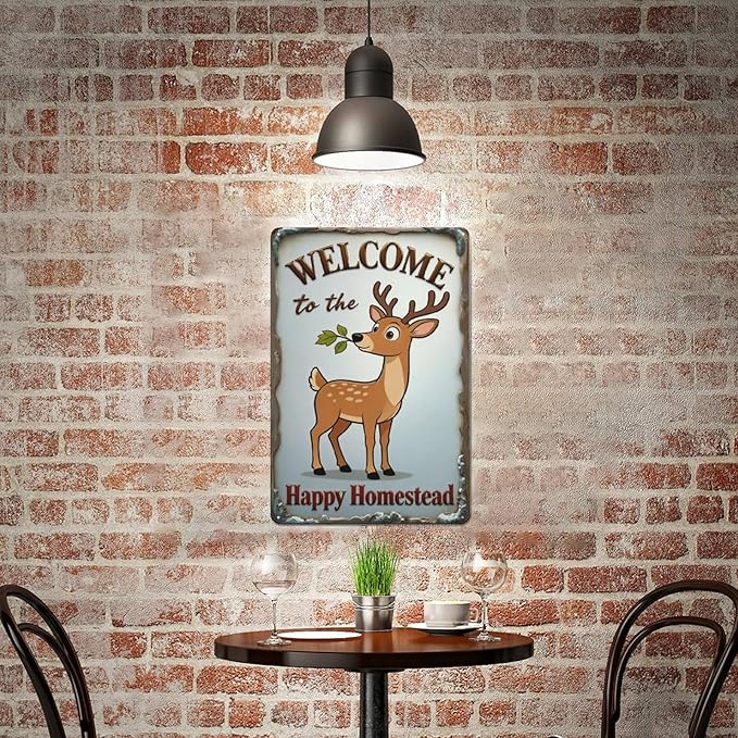 Deer Metal Tin Sign 12x8 Inch – “Welcome to the Happy Homestead” Vintage Farmhouse Wall Decor Wall Art Plaque for Porch Entryway Home