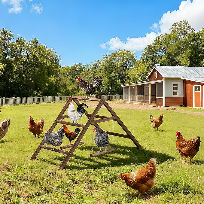 Pine Wood Chicken Perch with 2 Swings & Ladder, Multi-Level Chicken Roosting Bars for Backyard Coop, Roosting Bars for 10–12 Chickens, Easy to Assemble & Clean