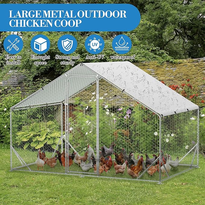 Large Metal Chicken Coop, Walk-in Poultry Cage, Chicken Run Pen House with Reinforcement & Waterproof & Anti-Ultraviolet Cover Chicken Coop Run with Double Lockable Doors for Outdoor 9.8 x 6.5X 6.5ft