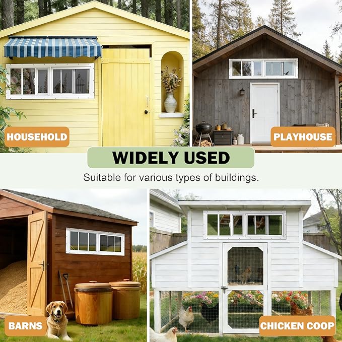 2 Pack Shed Windows, 12"x 29" White Sliding Window Suitable for Chicken Coop, shed, Household, Barn - Transom Window with Tempered Glass and Fiberglass Screen (WH,12''x 29'')