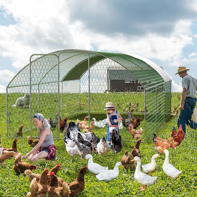 Large Metal Chicken Coop, Walk-in Poultry Cage, Chicken Run Pen House with Waterproof & Anti-Ultraviolet Cover Chicken Coop Run with Lockable Doors for Outdoor and Backyard 9.8 x 19.7X 6.6ft