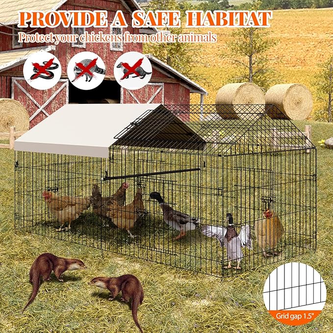Garvee Metal Chicken Coop with Waterproof & Anti-UV Cover, Portable Chicken Run for Yard, Poultry Cage Hen House for Backyard Farm Use, 86 in L x 40 in W x 40 in H