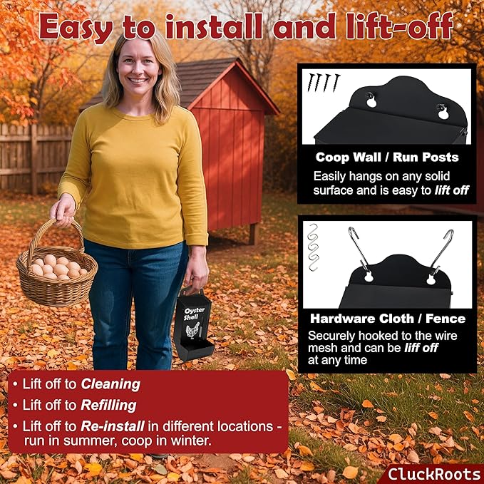 CluckRoots Chicken Grit and Oyster Shell Feeder Combo, No-Spill Weatherproof Heavy-Duty Design, Lift-Off Wall-Mounted Metal Dispenser w/View Window, Chicken Coop Accessories Gifts for Lovers Women