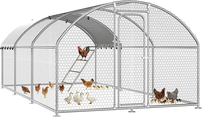 Large Metal Chicken Coop with Roosting Perch Walk-in Poultry Cage Chicken Run Duck House Chicken Pen Dome Shaped Coop with Waterproof Cover for Outdoor Backyard Farm Use(10' L x 19.7' W x 6.4' H)