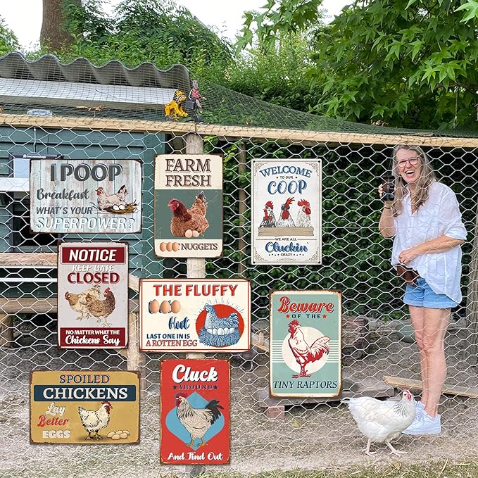 Funny Chicken Coop Decor, 8PCS Metal Chicken Coop Signs Accessories Outdoor, Farm House Personalized Gifts for Yard Fence Decor 12x8 Inches
