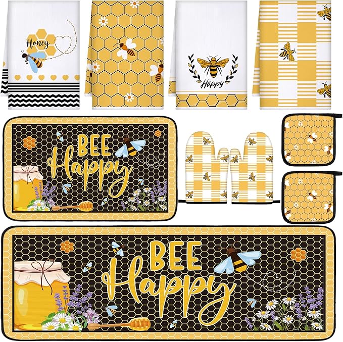 10 Pcs Bee Themed Kitchen Decor Set Dish Towels Kitchen Rugs Oven Mitts and Pot Holders for Cooking Baking Grilling Women Mom Gift