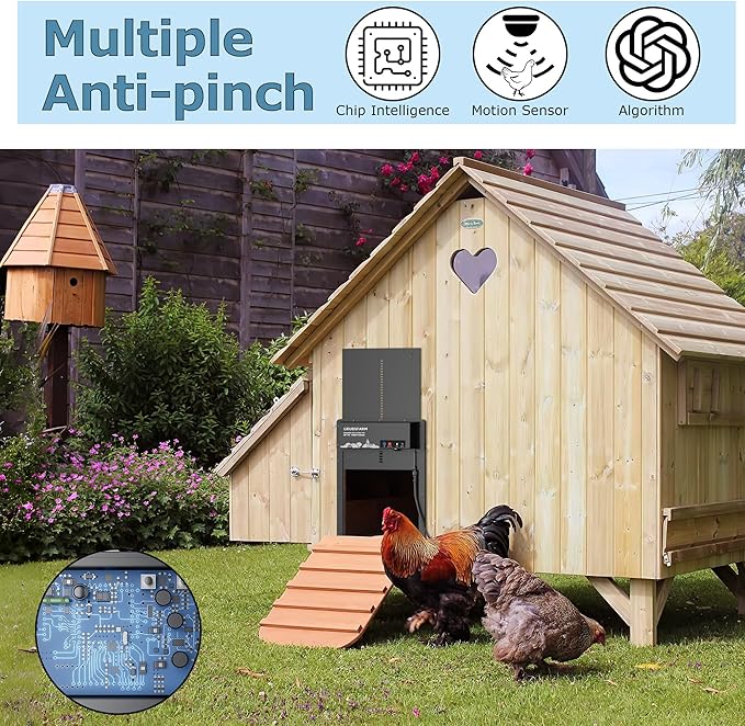 Automatic Chicken Coop Door with App Programmable, Solar/Battery/Grid Multi-Power Supply, Motion Sensor Anti-Pinch Safety System, Durable Weatherproof Aluminum Auto Door for Poultry - GRUBSFARM
