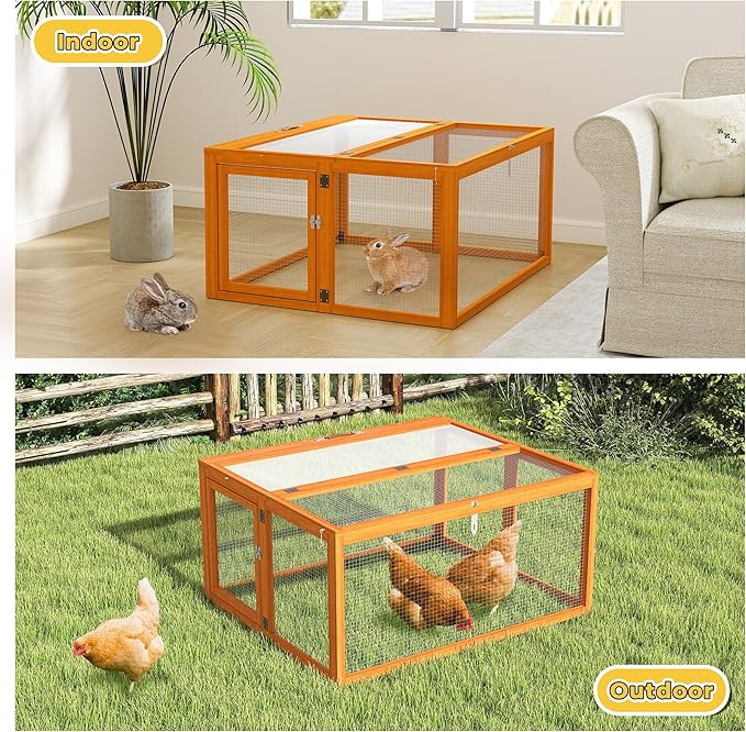Portable Chicken Coop with UV-Proof Panel, 4X Garden Stakes, Wooden Rabbit Hutch, Chicken Brooder Box Indoor, Outdoor Folding Chicken Cage, Top & Side Openable Doors, 43.3Inch (Orange)