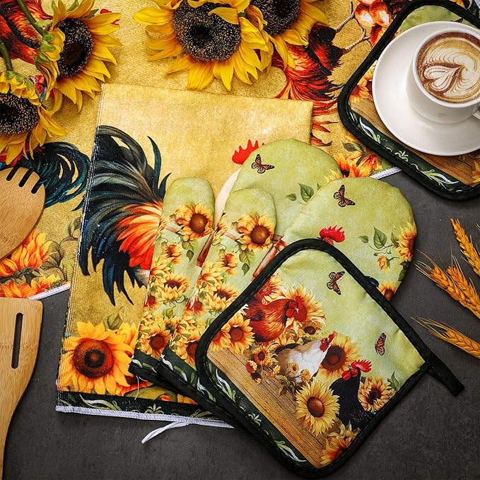 Leinuosen 6 Sunflower Rooster Farmhouse Kitchen Decor Dish Towels Oven Mitts and Pot Holders Sets Chicken Kitchen Towels Absorbent Decorative Accessories for Cooking Baking Grilling