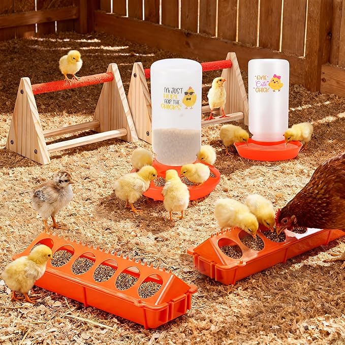 Chicken Feeder and Waterer Set,Automatic 1L Chick Feeder and Waterer with 2 Wooden Perch,Baby Chicks Supplies for Ducks,Quail,Small Poultry Coop Accessories