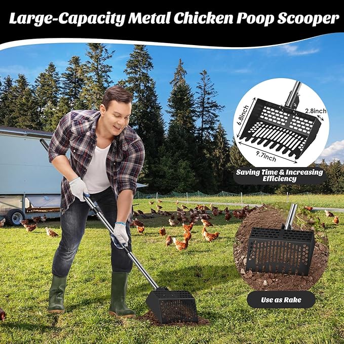Chicken Poop Scooper & Rake, 2-in- Metal Litter Scoop Sand Sifting Shovel with 28" to 55" Adjustable Stainless Steel Handle for Chicken Coop Accessories/Supplies, Farm, Sheep Pen, Cat Litter, Black