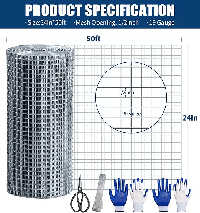 Hardware Cloth 1/2 Inch 24 in x 50 ft 19 Gauge, Hot Dip Galvanized Wire Mesh Rolls Welded Chicken Wire Fencing for Chicken Coop Barrier, Poultry Netting Cage Wire Fence(1/2 inch 24''× 50')