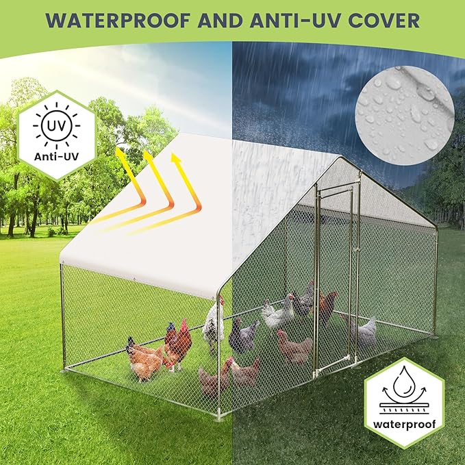 Large Metal Chicken Coop, Walk-in Poultry Cage, Chicken Run Pen House with Waterproof & Anti-Ultraviolet Cover Chicken Coop Run with Lockable Doors for Outdoor and Backyard 9.8 x 6.5X 6.5ft