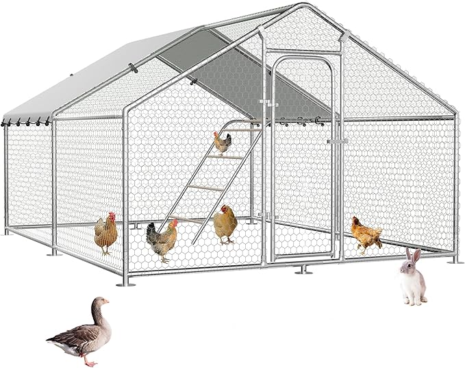 Large Metal Chicken Coop with Waterproof and UV-Resistant Cover,Chicken Run Outdoor Walk-in Cage Rabbit Duck Hen House for Yard Farm Use Spire Roof (10’ W x 9.9’ L x 6.4’ H)