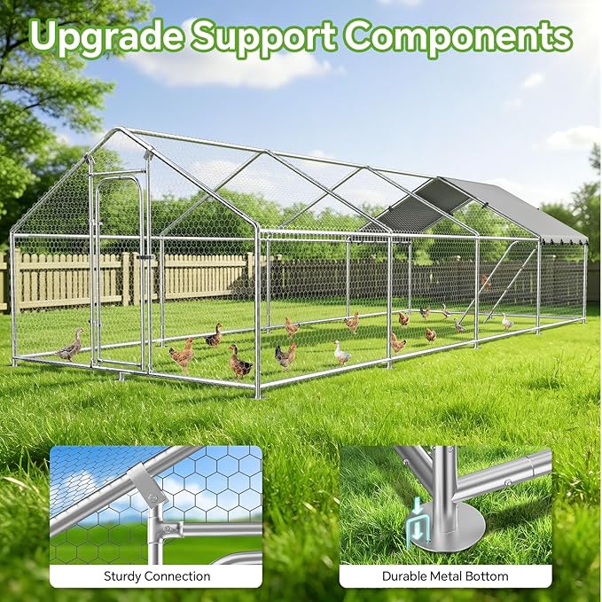 Chicken Coop Large Metal Chicken Run Poultry Cage with Water-Resident and Anti-UV Cover for Duck Rabbit House Outdoor,Spire Roof(314.96×118.11×77.95 in)