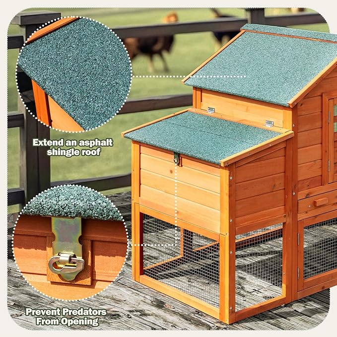 Large Wooden Chicken Coop for 4-6 Chickens, Secure Outdoor Hen House with Enclosed Run, Weather-Resistant Roof, Easy-Clean Slide-Out Tray & Nesting Boxes (Includes 2 Training Eggs)