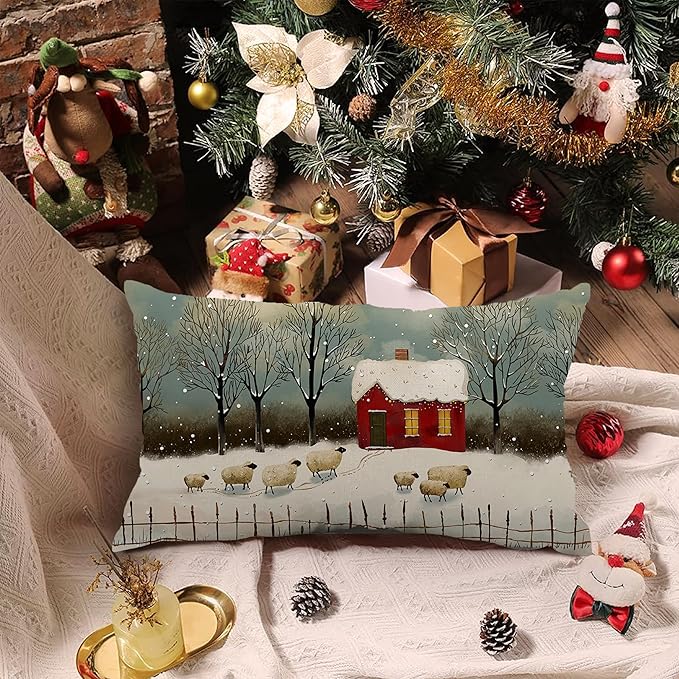 Christmas Sheep Pillow Cover 12x20 Inch Sheep Red Wonderland Forest Tree Decoration Holiday Farmhouse Pillow Case Decor for Home Sofa Couch