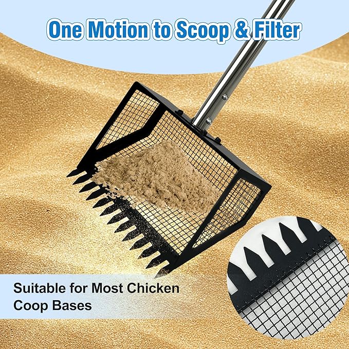 PETCHO Chicken Poop Scooper and Rake 2-in-1 – Heavy Duty Metal Manure Shovel with Adjustable Stainless Steel Handle– Coop Cleaning Tool for Poultry, Barn
