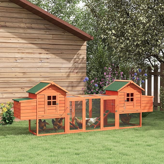 PawHut Dual Wooden Chicken Coop with Garden Bed, Large Outdoor Hen House with Nesting Boxes Removable Trays, Ramps Run, for Garden Backyard, 123" x 27.5" x 42.5", Natural Wood