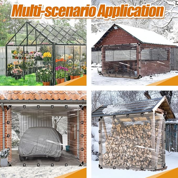 6x8ft Anti-Tear Clear Tarp Waterproof - 2pcs Windproof Poly Tarpaulin, Heavy Duty Transparent Enclosure with Grommets for Covering Chicken Coops Greenhouse Garden Plants