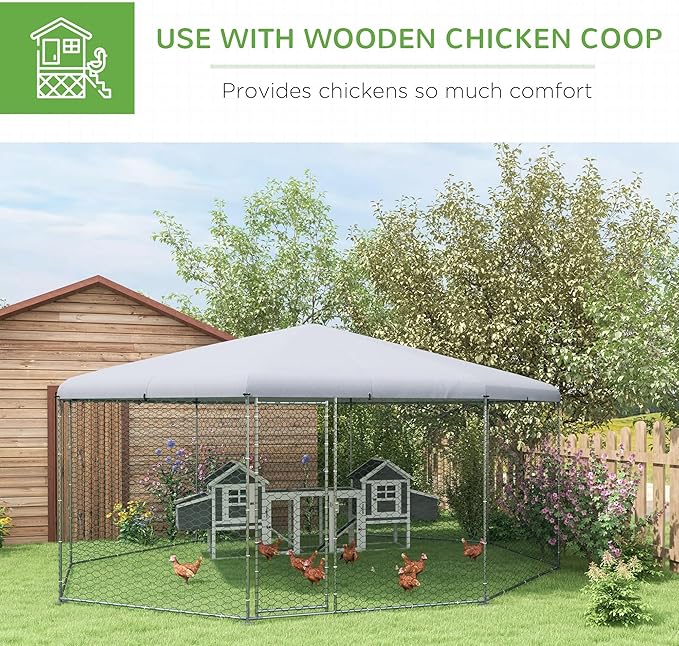 PawHut Large Chicken Coop Metal Chicken Run for Chickens with Waterproof and Anti-UV Cover, Polygon Shaped Walk in Fence Cage Hen House for Outdoor and Yard Farm Use, 1" Dia, 17.1' x 15.7' x 9'
