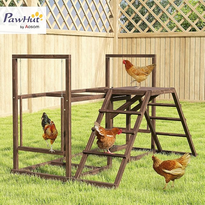 PawHut Chicken Coop Perches with Swing, Roosting Bars, Activity Play Set, Wooden Chicken Coop Accessory Toys for 4-6 Chickens, Coffee