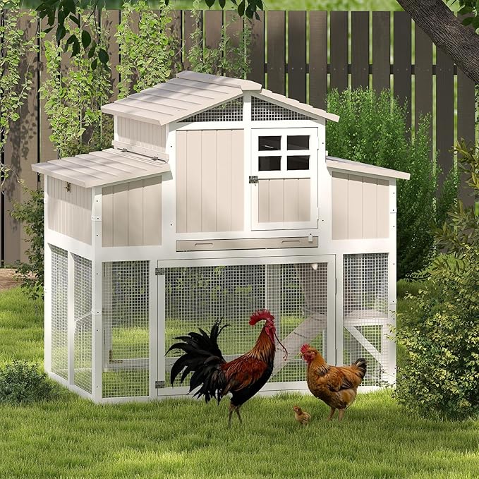 56.03" L 2-Story Chicken Coop with Run,Fir Wood Chicken House Hen House with 2 Large Nesting Boxes,Expandable Poultry Cage for 2-4 Chicken with 4 Perching Bars,Pull-Out Tray,Ramps