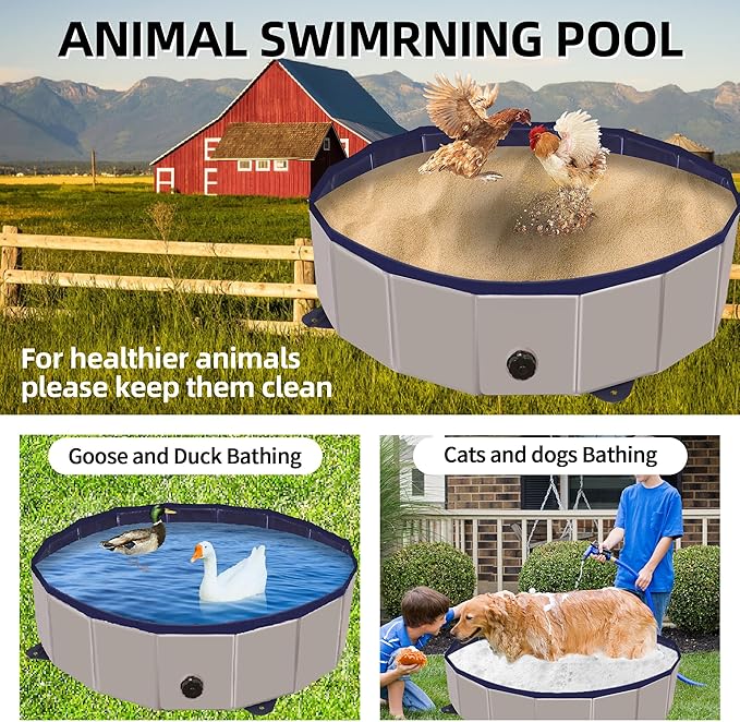 Chicken Dust Bath Tub, Chicken Coop Lime Cleaner Container, 32" D X 8" H PVC Material Foldable Portable Essential Chicken Coop Dusting Accessory. (Grey)