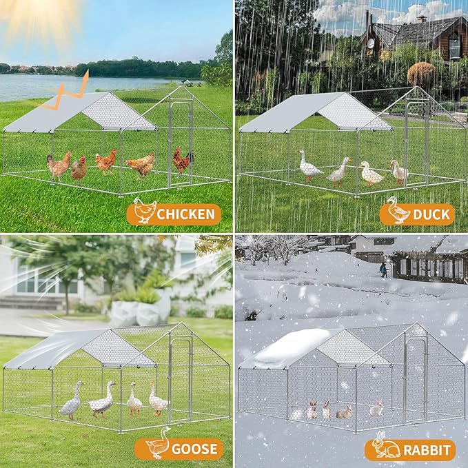 Large Metal Chicken Coop, Walk in Chicken Runs for Yards with Cover, Hen House Enclosure with Security Lock & Waterproof Cover, Outdoor Duck Rabbit Pens Chicken House, 13.1 x 9.8 x 6.5 ft