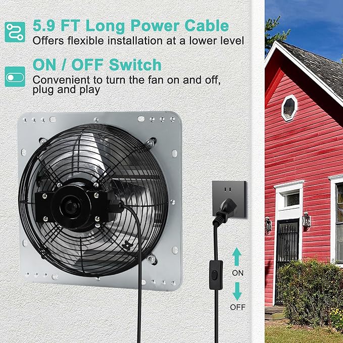 10 Inch Shutter Exhaust Fan, Wall Mount Attic Fan with Power Cord for Greenhouses, Sheds, Garages, Chicken Coops, Barns Ventilation, 820 CFM
