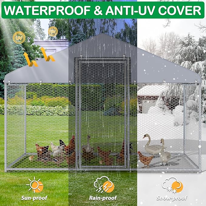 Large Metal Chicken Coop, Walk-in Chicken Run Pen with Waterproof Cover, Spire Roof Poultry Cage for Outdoor, Backyard, Farm (6.4'Wx9.7'Lx6.4'H)