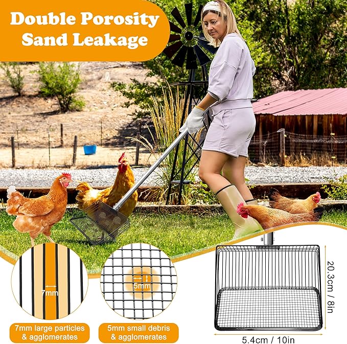 10inch Chicken Poop Scooper, Dual-Specification Pore Chicken Coop Cleaning Tools Come with Gloves Coop Scoop 4 Sections Extended with 22 to 62" Stainless Steel Adjustable Handle